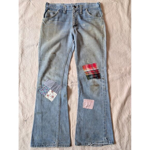 Vintage Lee Denim Flares 60s Patches Faded Worn Women's 30x30 Americana - Picture 1 of 9